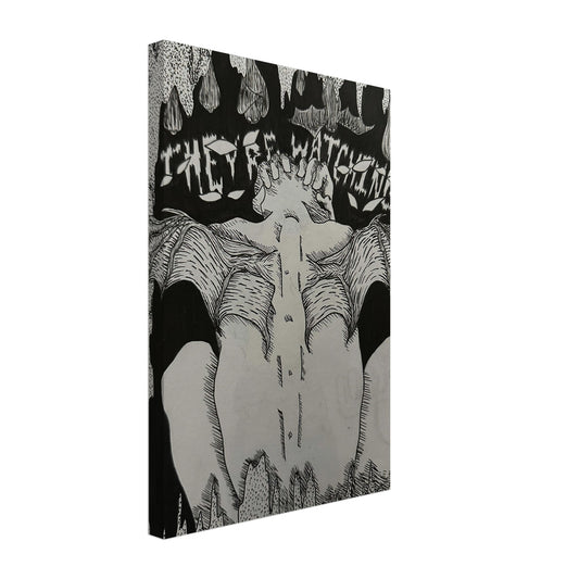 A dramatic canvas print of Bat Man in a dark, moody cityscape, rendered in deep tones and shadows, capturing his iconic silhouette and powerful presence.