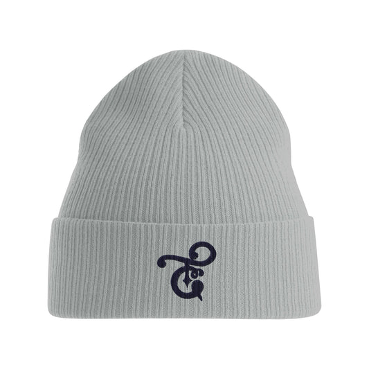 A black knit beanie featuring the Tafanji Creations logo embroidered on the front in white thread, displayed on a neutral background.