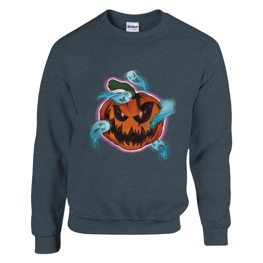A unisex sweatshirt featuring a bright orange haunted pumpkin graphic with the phrase "Pumpkin Possession" printed on the front.