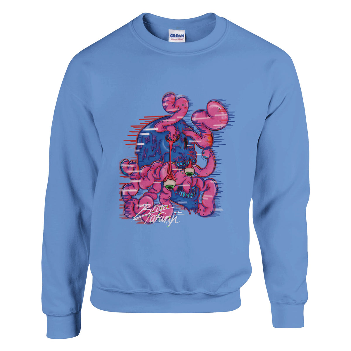 A crewneck sweatshirt with a vibrant graphic of a colorful brain explosion bursting from the top of a head, symbolizing creativity and bold expression.