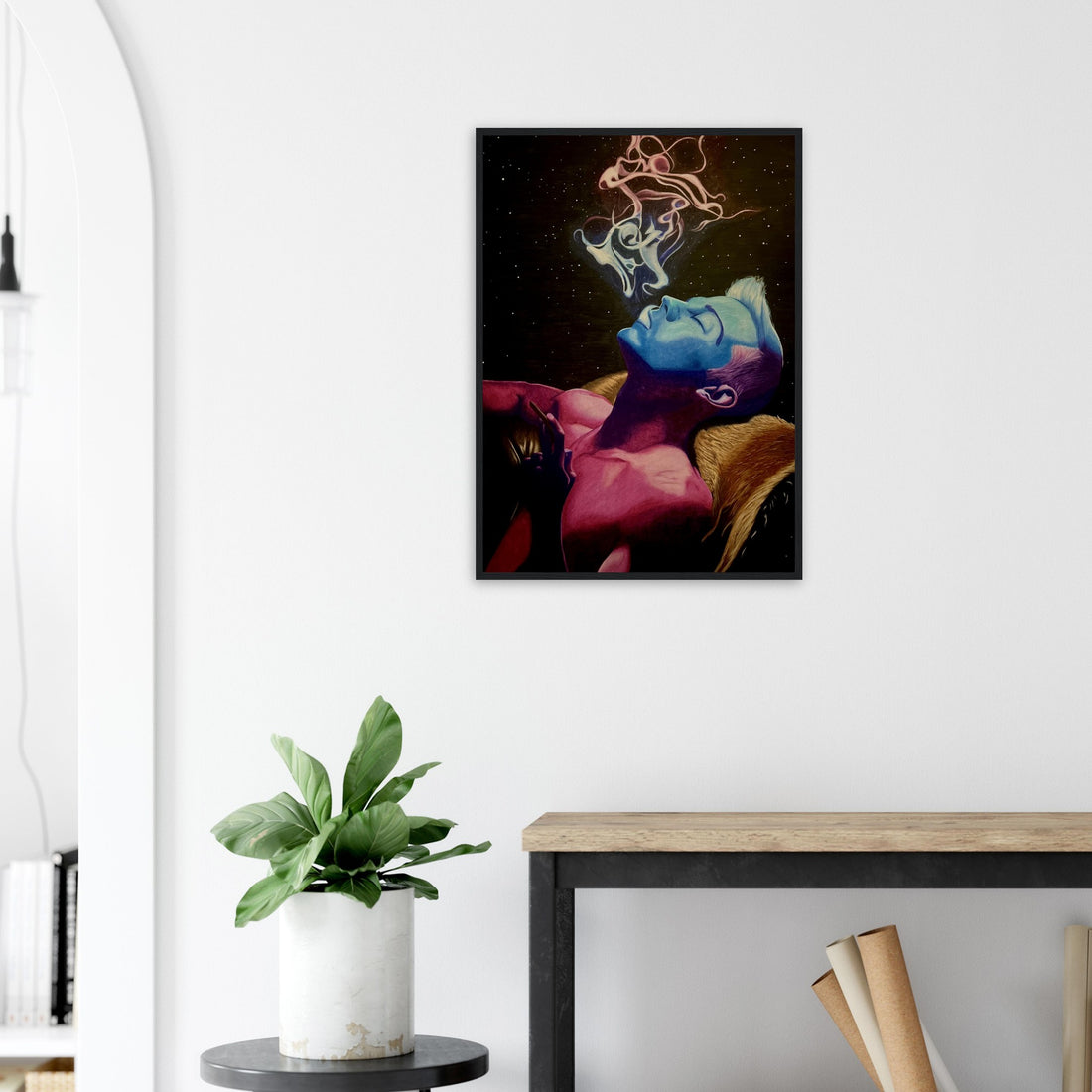 An unframed abstract art print titled “Peaceful Duality,” featuring black and white forms in symmetrical contrast to represent harmony and balance.

