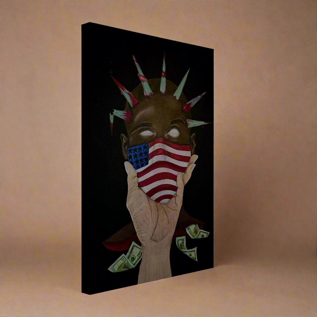 A gallery-wrapped canvas print titled “The Great American Disease,” featuring symbolic artwork addressing American societal issues in bold, expressive colors.