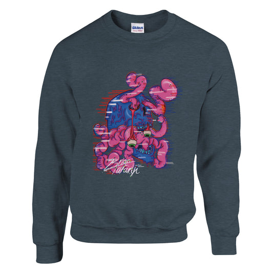 A black crewneck sweatshirt with a vibrant graphic of a colorful brain explosion bursting from the top of a head, symbolizing creativity and bold expression.

