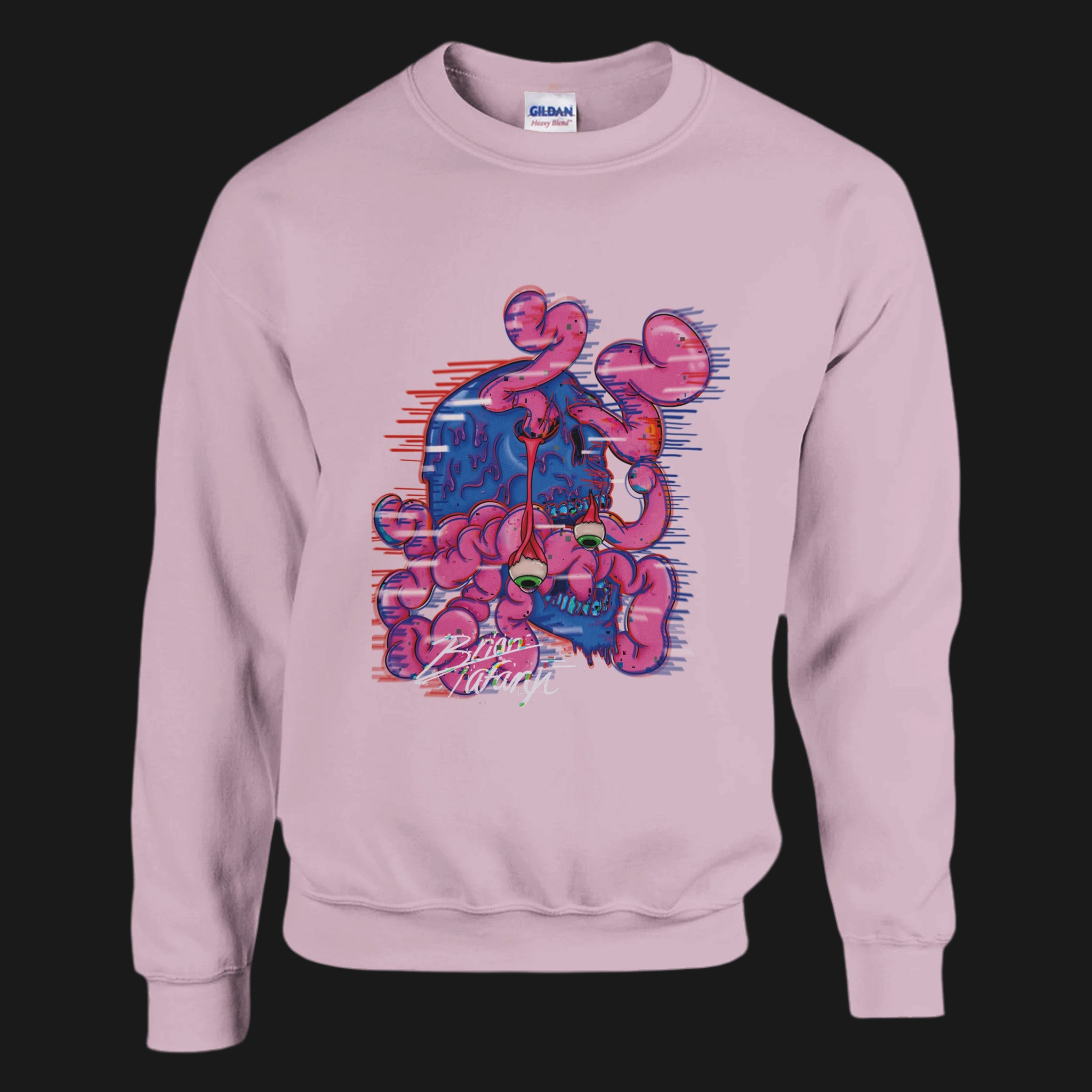 A crewneck sweatshirt with a vibrant graphic of a colorful brain explosion bursting from the top of a head, symbolizing creativity and bold expression.