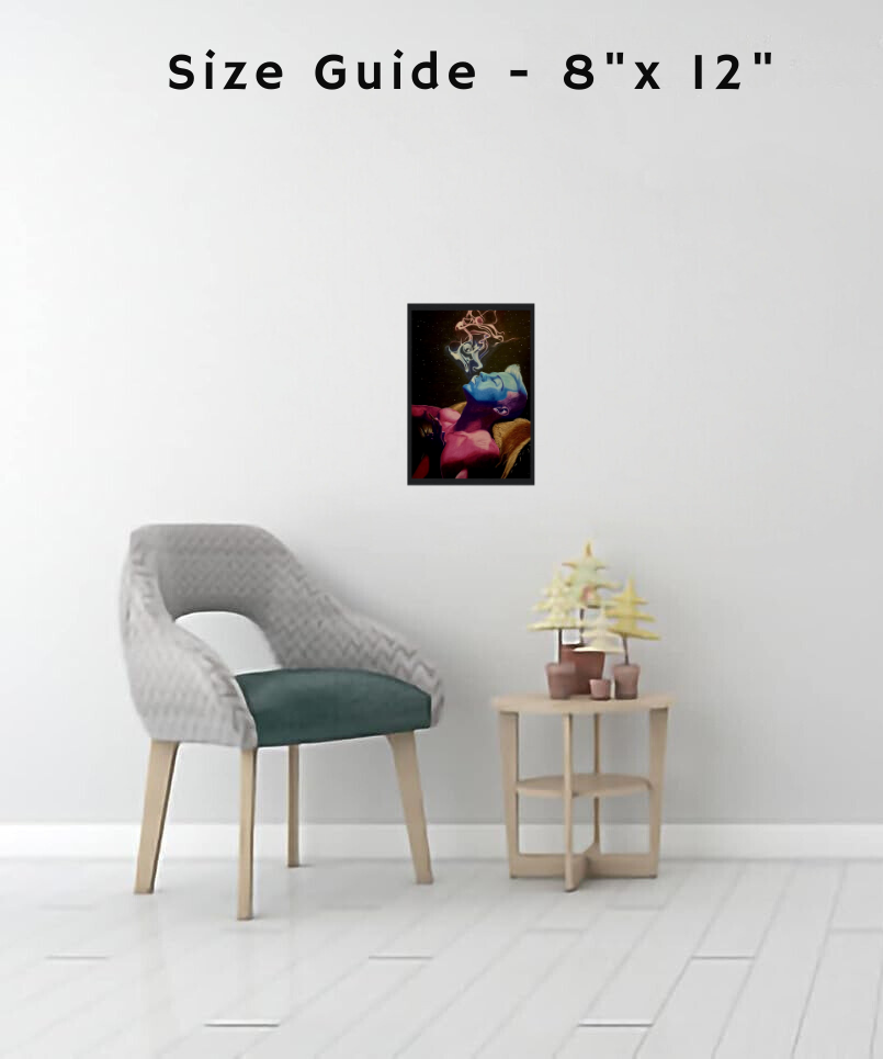 An unframed abstract art print titled “Peaceful Duality,” featuring black and white forms in symmetrical contrast to represent harmony and balance.


