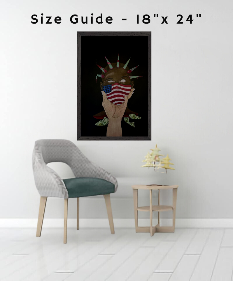 A gallery-wrapped canvas print titled “The Great American Disease,” featuring symbolic artwork addressing American societal issues in bold, expressive colors.