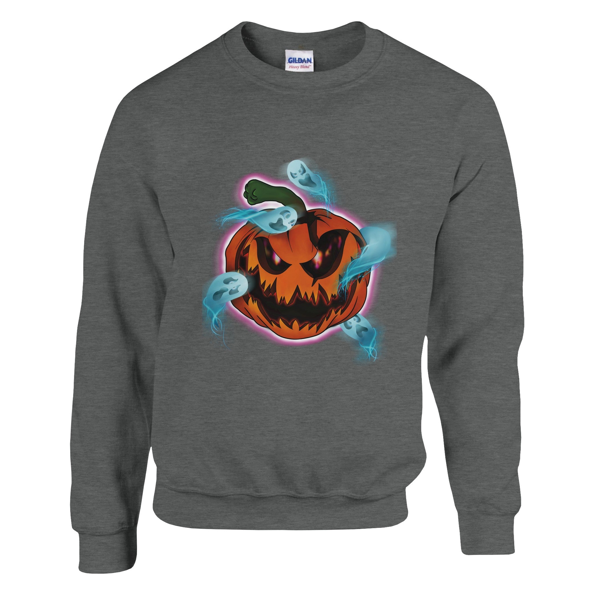 A unisex sweatshirt featuring a bright orange haunted pumpkin graphic with the phrase "Pumpkin Possession" printed on the front.

